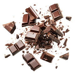 Chocolate bars breaking and falling in motion, isolated on white background