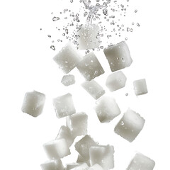 Sugar cubes falling with crystal-like texture, isolated on white background