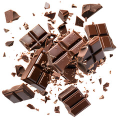 Chocolate bars breaking and falling in motion, isolated on white background