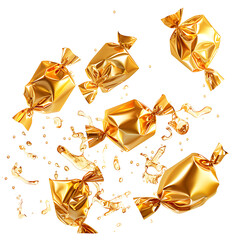 Toffee candies falling in golden wrappers, isolated on white background