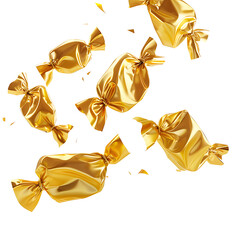 Toffee candies falling in golden wrappers, isolated on white background