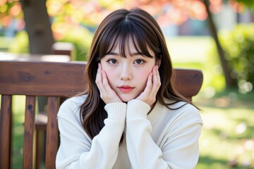 Serene Young Asian Woman with Long Brown Hair Sitting on a Park Bench Outdoors
