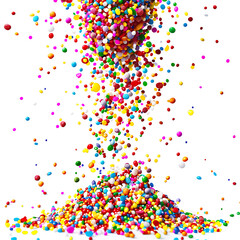 Colorful candy sprinkles falling in dynamic motion, isolated on white background