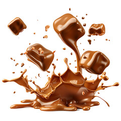 Caramel candies falling with sticky texture trails, isolated on white background