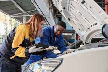 EV car check, mechanic workers coworker inspects and maintains service of electric engine and...