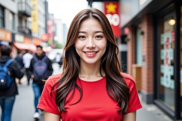 Happy Young Asian Woman in Red Shirt Smiling Outdoors in City Street