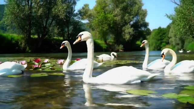 A beautiful and tranquil scene of a group of elegant white swans swimming on a clear river or lake on a sunny summer day. Several swans glide peacefully near blooming pink and white water lilies.