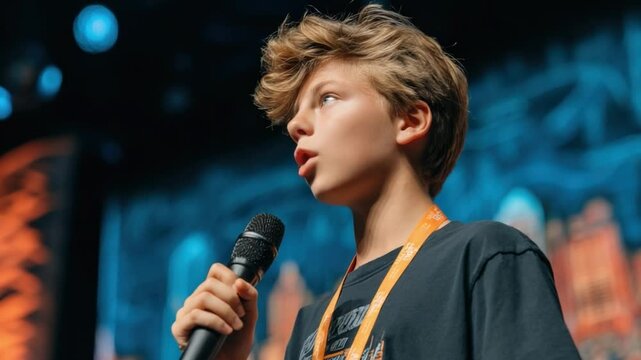Young Speaker on Stage: A young boy with blond hair passionately speaks into a microphone on a stage, his eyes fixed on something beyond the frame, conveying a sense of confidence and purpose. 