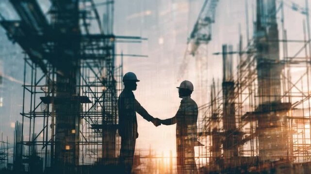 Constructing Agreements: A symbolic image of two figures in construction hard hats shaking hands amidst the bustling backdrop of a modern construction site.