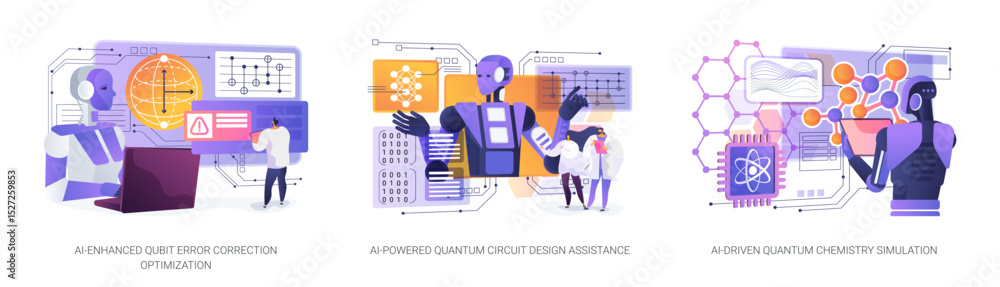 Poster ai solutions in quantum computing abstract concept vector illustrations.