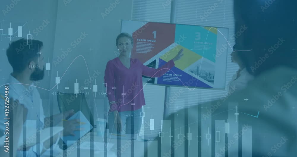 Poster presenter pointing at business chart on display to explain data while colleague noting tablet