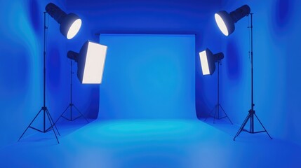 Modern 3D-rendered blue room with moody spotlights casting sharp shadows for a clean and stylish product display backdrop