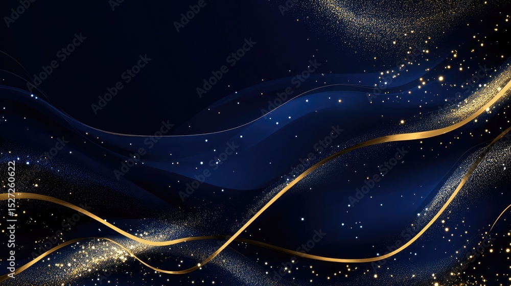 Poster elegant deep blue setting with glossy gold swirls and light sparkles flowing smoothly, forming a ref