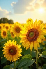 Obraz premium Vibrant sunflowers bask in the golden sunlight, their faces turned towards the sky in a field of cheerful yellow A breathtaking display of nature's beauty, perfect for summer themes , green, field