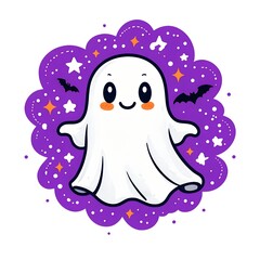 Obraz premium Cute cartoon ghost character with spooky bats stars and purple decorative border