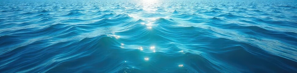Vast expanse of deep blue ocean water, sunlit surface shimmering with subtle waves, tranquil scene of marine environment , aquatic, deep, marine life