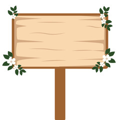 Standing wooden sign with white floral decorations on both sides, ideal for garden weddings, spring events, or floral-themed signage.