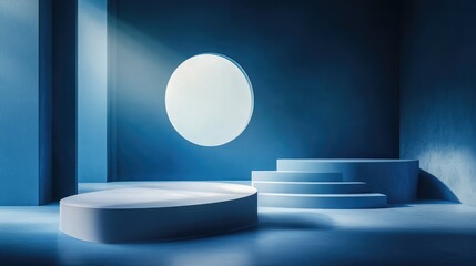 Minimal studio interior in deep blue tones with glowing neon spotlights highlighting a modern and abstract space for product presentation