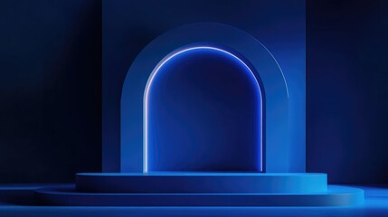 Abstract blue room design with minimalist style and soft neon lighting effects, offering a stylish setting for product display and focus