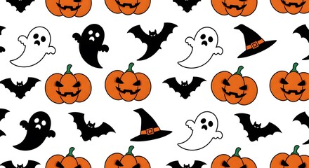 Spooky Halloween Pattern Pumpkins, Ghosts, Bats, and Witches Hats