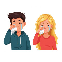 Upset Man and Woman Crying – Vector Illustration