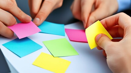Team collaborating, sticky notes