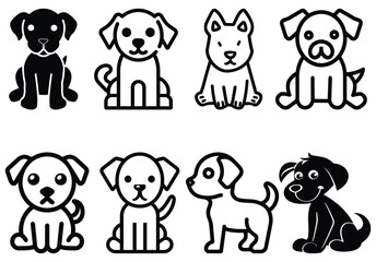 Various dog breeds show simple, distinct line art styles on a white background