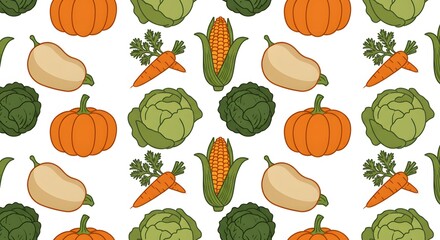 Autumn Harvest Vegetables Seamless Pattern Pumpkins, Corn, Cabbage, and Carrots