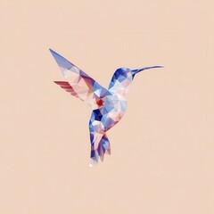 A polygonal hummingbird in flight against a light beige background.