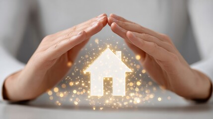 A pair of hands gently cradles a glowing house icon, symbolizing protection and care for home and family.