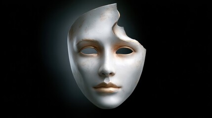A cracked mask with a serene expression, symbolizing hidden emotions and identity beneath a surface facade.