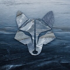 Gray stone wolf head design on a dark blue background.