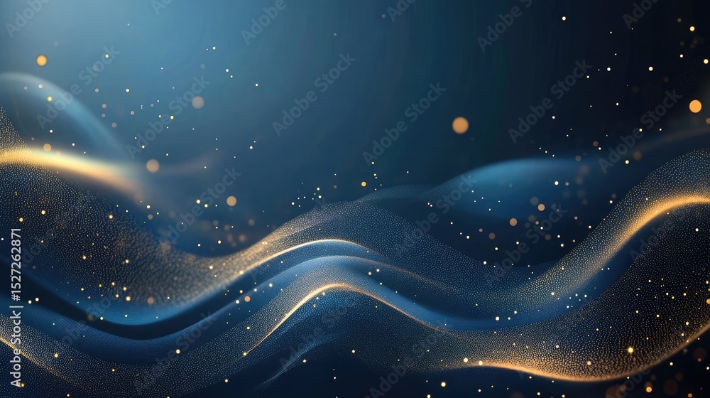 Poster elegant gold lines curve through deep blue with sparkling dots and ambient lighting that enhances a 