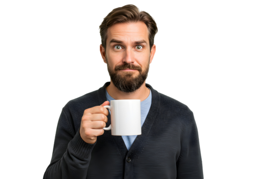 Bearded Man Expressing Surprise Holding Coffee Mug