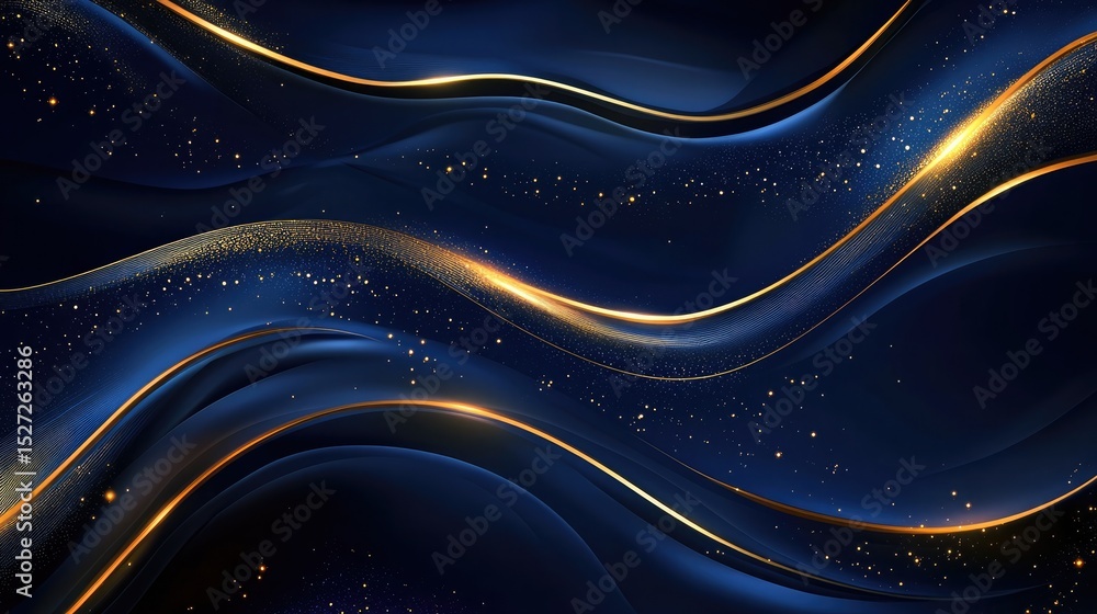 Poster sophisticated golden curves sweep across a deep blue backdrop with glittering light points and soft 