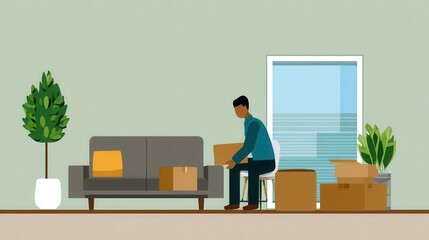 Person unpacking boxes in a living room.