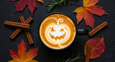 Pumpkin spice latte with Halloween design and autumn leaves  
