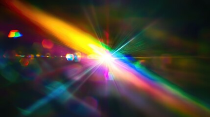 Soft blurred rainbow refraction overlay with a prism light effect on a dark background, featuring holographic reflections and crystal flare leaks