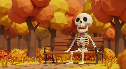 Animated skeleton sitting on a bench in a colorful autumn park  