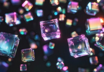 Glowing iridescent cubes falling on dark background