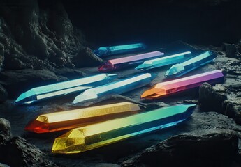 Iridescent Crystals in Dark Cave Mystical Gems