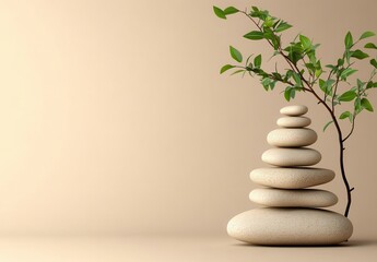 Serene Stacked Stones and Branch with Leaves