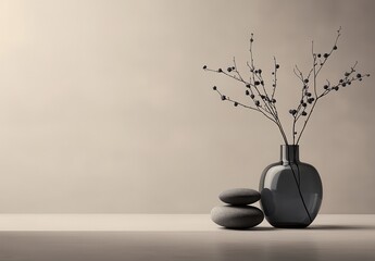 Serene Minimalist Still Life Stones Branches and Vase
