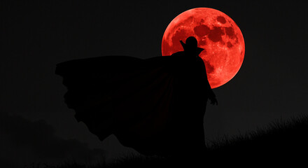Dark figure with cape standing against a red full moon at night  