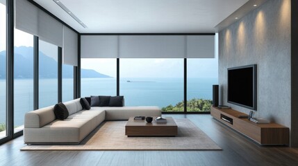 Smart living room with voice-activated lighting, motorized blinds, and a sleek entertainment setup