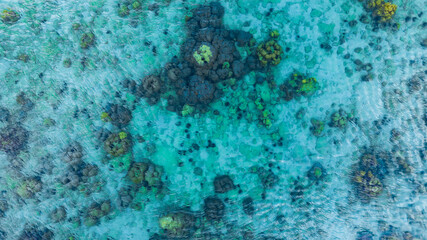 Top view. Summer sea water, blue surface. The water is clear with ripples and sparkles in the sunlight and you can see coral under the sea.