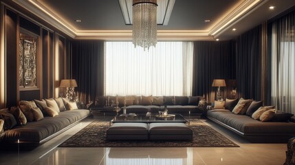 Sophisticated living room with a muted color palette, elegant lighting, and plush seating