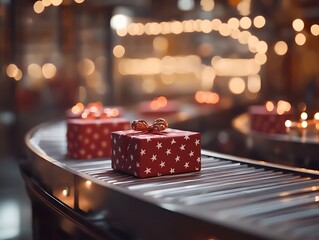 Wrapped gifts on a conveyor belt in a festive setting on transparent background