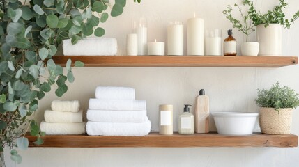 Spa-style bathroom with eucalyptus branches, candles, and fluffy white towels on a wooden shelf
