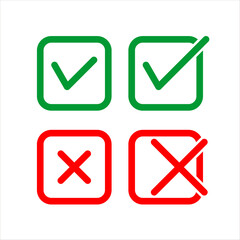 Cross and check mark icon set. Vector illustration isolated on white background. Includes simple check and cross symbols for general use.